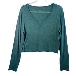 American Eagle Waffle Knit Thermal Top Cropped Notch Neck Teal Green XL Soft Y2K